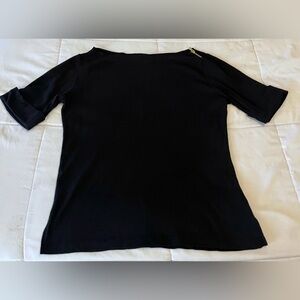 Lauren Ralph Lauren Black Boat Neck Zipper Accent Cotton Top Women’s size m